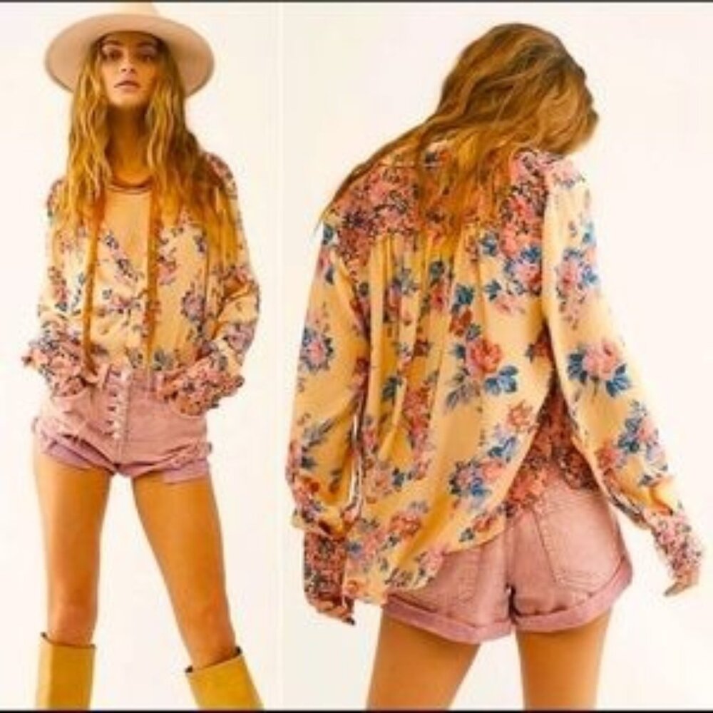 Free People Hold On To Me Coral Floral Button Down Top